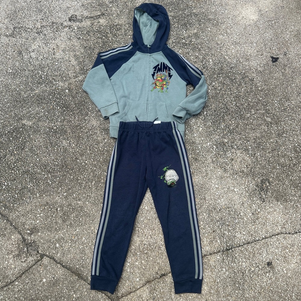 TMNT Mutant Mayhem Boys Tracksuit Set Hoodie and Joggers Navy Green Size 6/7